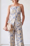 2-delade blå blommiga enkelknäppta jacquard damdräkter