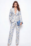 2-delade blå blomtopp kragslag Jacquard enknapps damkostymer