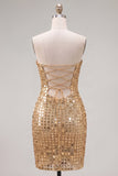 Glittrande guldaxelbandslös paljett-bodycon cocktailklänningar
