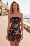 Axelbandslös röd rosbroderad svart bodycon cocktailklänningar