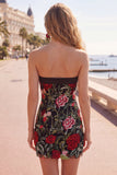 Axelbandslös röd rosbroderad svart bodycon cocktailklänningar