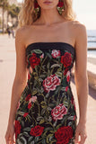 Axelbandslös röd rosbroderad svart bodycon cocktailklänningar