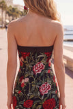 Axelbandslös röd rosbroderad svart bodycon cocktailklänningar
