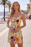 Gul fyrkantig halsringad Bodycon blommig cocktailklänningar med broderi