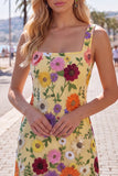 Gul fyrkantig halsringad Bodycon blommig cocktailklänningar med broderi