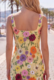 Gul fyrkantig halsringad Bodycon blommig cocktailklänningar med broderi