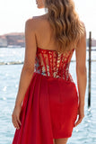 Sweetheart Red Bodycon genomskinlig korsett med rynkade paljetter cocktailklänningar med skärp