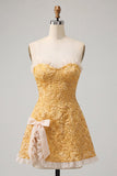 Sweetheart Yellow Jacquard A-Line Volangspets-klänning med hemkomstklänning med slits