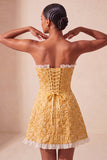 Sweetheart Yellow Jacquard A-Line Volangspets-klänning med hemkomstklänning med slits