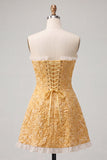 Sweetheart Yellow Jacquard A-Line Volangspets-klänning med hemkomstklänning med slits