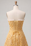 Sweetheart Yellow Jacquard A-Line Volangspets-klänning med hemkomstklänning med slits