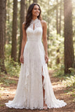 Halter Ivory Lace lång A-linje brudklänning med slits