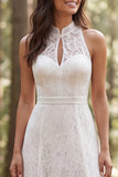 Halter Ivory Lace lång A-linje brudklänning med slits