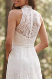 Halter Ivory Lace lång A-linje brudklänning med slits
