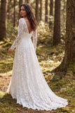 Ivory lace A-linje långärmad brudklänning med slits