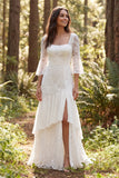 Ivory Lace A-linje 3/4-ärmad lång brudklänning med slits