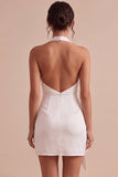 Halter Bodycon med rynkor, rygglös liten vit klänning