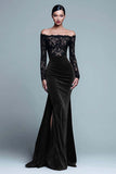 Off The Shoulder Mermaid Spets Sammet Svart Formell Klänning Med Slits