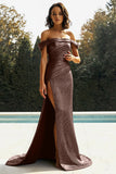 Guld Av Axeln Slida Metallic Satin Balklänning Med Slits