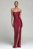 Glittrande Silver Axelbandslös Fodral Holiday Party Klänning Med Slits
