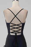 Svart Blå Spaghetti Straps Mermaid Plisserad Lång Balklänning med Slits