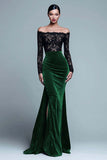 Off The Shoulder Mermaid Spets Sammet Svart Formell Klänning Med Slits