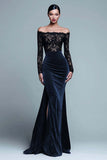 Off The Shoulder Mermaid Spets Sammet Svart Formell Klänning Med Slits