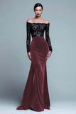 Off The Shoulder Mermaid Spets Sammet Svart Formell Klänning Med Slits