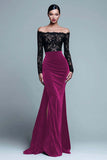 Off The Shoulder Mermaid Spets Sammet Svart Formell Klänning Med Slits