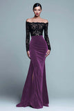 Off The Shoulder Mermaid Spets Sammet Svart Formell Klänning Med Slits