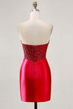 Glittrande Fuchsia Korsett Tight Satin Kort Homecoming Klänning