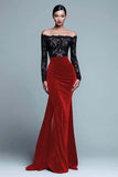Off The Shoulder Mermaid Spets Sammet Svart Formell Klänning Med Slits