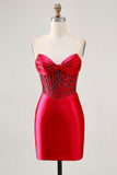Glittrande Fuchsia Korsett Tight Satin Kort Homecoming Klänning