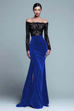 Off The Shoulder Mermaid Spets Sammet Svart Formell Klänning Med Slits
