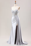 Flisa Mermaid Plisserad Sheer Lång Korsett Satin Balklänning Med Slits