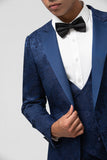 Mörkblå 3-delad topp kavajslag Jacquard One Button Mäns Baldräkter