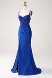 Glitter Royal Blue Mermaid Spaghetti Straps Lång Balklänning med applikationer