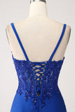 Glitter Royal Blue Mermaid Spaghetti Straps Lång Balklänning med applikationer