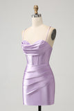 Lila Bodycon Spaghetti Remmar Korsett Satin Kort Homecoming Klänning