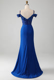 Pärlstav Royal Blue Corset Balklänning med slits