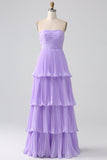 A-linje Sweetheart Lilac Chiffong Lång Brudtärneklänning med Plisserad