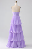 A-linje Sweetheart Lilac Chiffong Lång Brudtärneklänning med Plisserad
