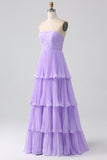 A-linje Sweetheart Lilac Chiffong Lång Brudtärneklänning med Plisserad