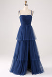 A Line Spaghetti Straps Tiered Tyll Plisserad Balklänning med slits