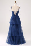 A Line Spaghetti Straps Tiered Tyll Plisserad Balklänning med slits