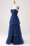 A Line Spaghetti Straps Tiered Tyll Plisserad Balklänning med slits