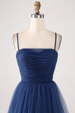 A Line Spaghetti Straps Tiered Tyll Plisserad Balklänning med slits
