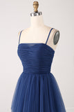 A Line Spaghetti Straps Tiered Tyll Plisserad Balklänning med slits