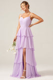 Lila A Line Spaghetti Straps Tiered Chiffong Bridesmaid Klänning med slits