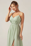Dusty Sage A-linje Spaghetti Straps Chiffong Lång Brudtärneklänning med slits